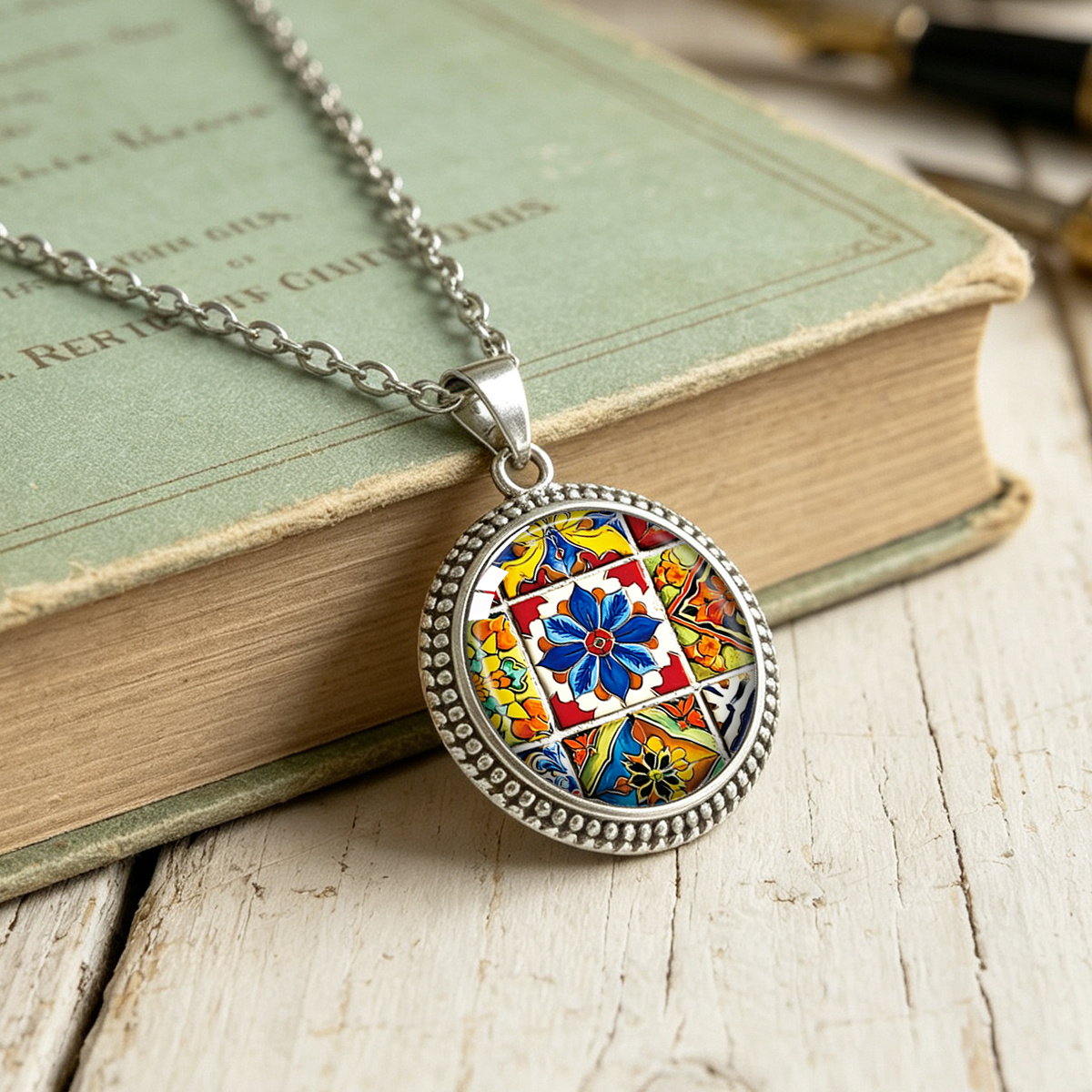 Bohemian Multicolor Ethnic Tile Lotus Pendant Necklace
